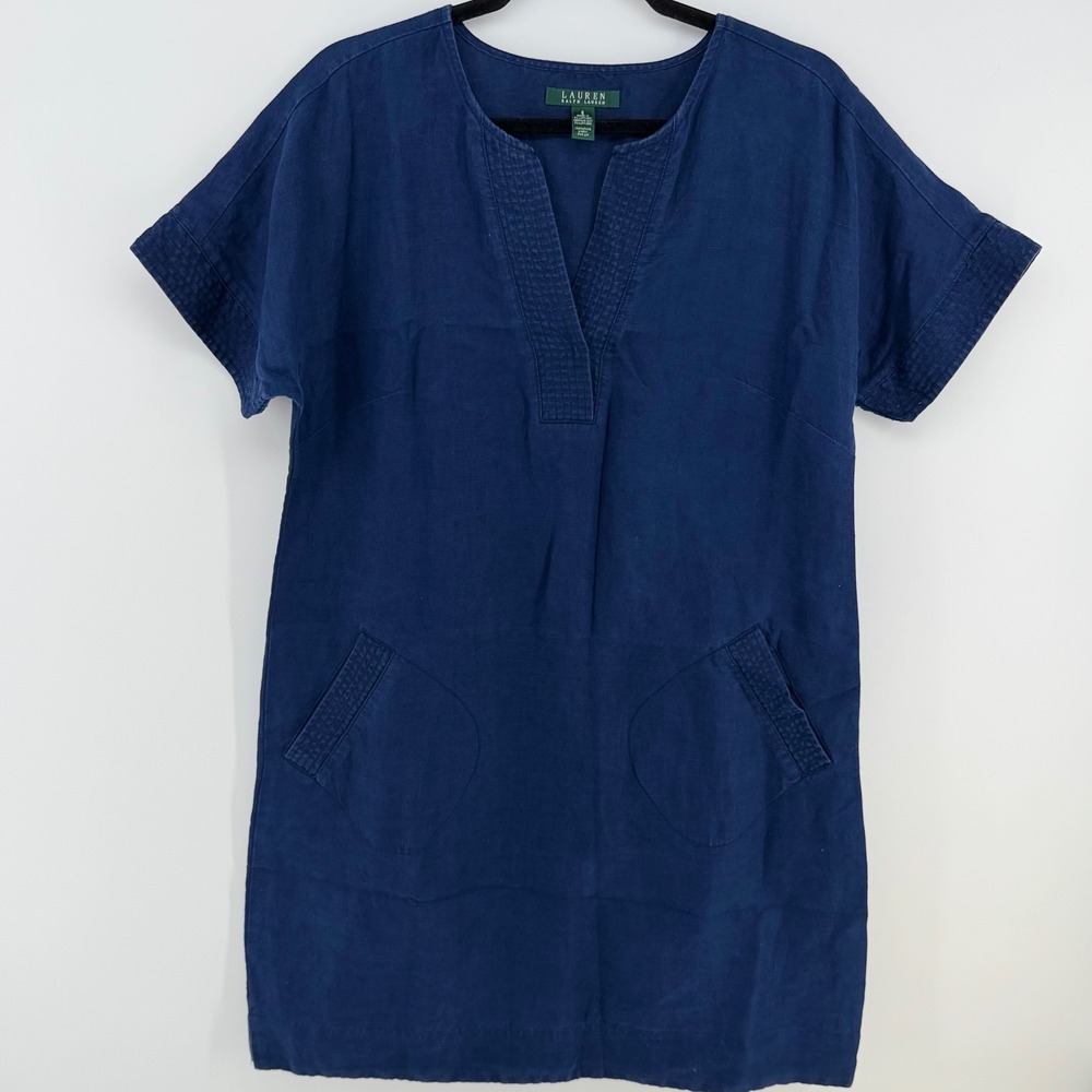 Lauren Ralph Lauren 100% Linen Blue Shift Dress Pockets Short Sleeve Size 6